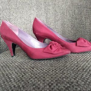 vintage 80s burgandy silk floral bow heels